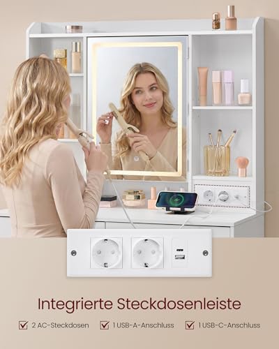 VASAGLE Kailyn Collection – Schminktisch mit LED-Spiegel, 3 Farben, Helligkeit verstellbar, Mehrfachsteckdose, Schminktisch, groß, verstellbar, 2 Schubladen, modern, Weiß RDT143WB01