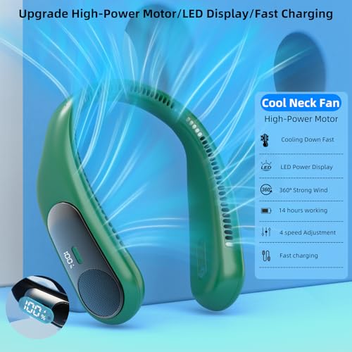 Image of Portable Neck Fan, Personal Wearable Bladeless Fan for Outdoor Indoor, LED Display, 360 Cooling, 4-Speeds, 6000mAh USB Rechargeable, Birthday Gifts for Men Women Dad Mom (Dark green)