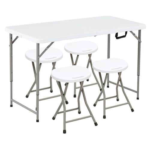 Outdoor Extendable Dining Table And Chairs for Stylish Garden Gatherings 2 Livzing Heavy-Duty Plastic Portable Picnic Table with 4 Chairs- Height Adjustable and Foldable Table Chair Set for Picnic-Hiking-Patio-Party-Garden-Travel Friendly Multi Purpose Dining Set - White
