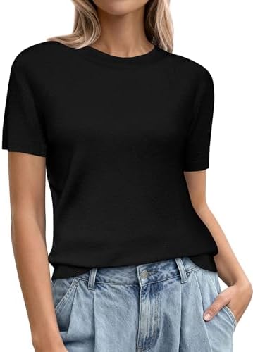 PRETTYGARDEN Women's Short Sleeve Sweaters 2026 Spring Crew Neck ...