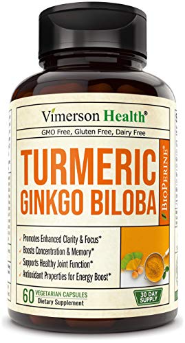 Turmeric Curcumin with Ginkgo Biloba Supplement. Helps Support Healthy Joints and Cartilage. Boosts Focus, Concentration, and Memory. Bioperine for Optimal Absorption. 60 milligrams, 60 Capsules