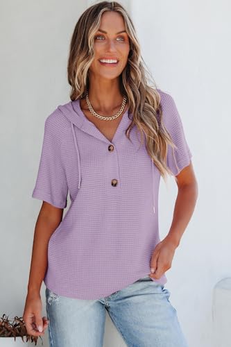 Image of Dokotoo Womens Summer Tops Waffle Knit Short Sleeve Lightweight Drawstring Hoodies Button V Neck Casual Blouses Shirts