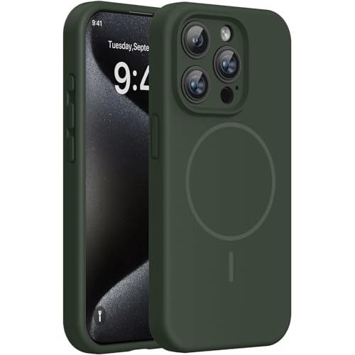 Image of Miracase Magnetic for iPhone 15 Pro Case, [Soft Anti-Scratch Microfiber Lining], Compatible with MagSafe, Liquid Silicone Shockproof Drop Protection Phone Case for 15 Pro, Dark Green
