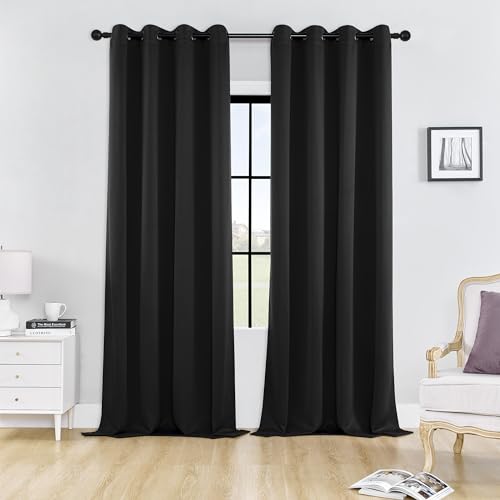 Image of HUTO Blackout Curtains and Drapes for Bedroom - Extra Long Room Darkening Thermal Insulated Solid Window Antique Copper Grommet Draperies for Living Room (Black, 1 Pair, 52 x 96-Inch)