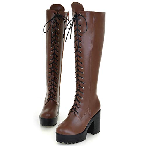 Image of Parisuit Women's Knee High Goth Platform Boots Lace Up Combat Boots | Chunky High Heel, Buckle Boots, Punk Chain Boots