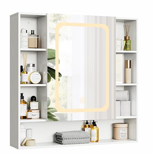 IRONCK Medicine Cabinets Wall Mounted with LED Light Mirror, Bathroom Wall Cabinet with Shelves for Bathroom Storage, Lighted Medicine Cabinet, White