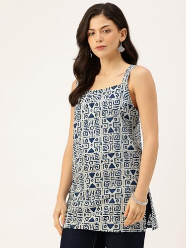 Image of feranoid Women's Printed Sleeveless Short Kurti with Stylish Neck, Backless Design & Side Slits (XS-XL)