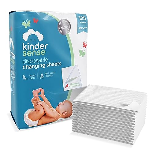 Image of KinderSense® Disposable Changing Sheets for Baby Diaper (125 Sheets) | Thin Portable Changing Pad Liners (23" x 17.5") | Paper Top Layer - Waterproof Bottom Layer | Leak Proof Infant Changing Mat