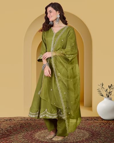 Image of Amazon Brand - Tavasya Women Vichitra Zari Sequence Embroide Kurta with Pant and Dupatta|Kurta Set|Ethnic Wear|Salwar Suit|3 Piece Set