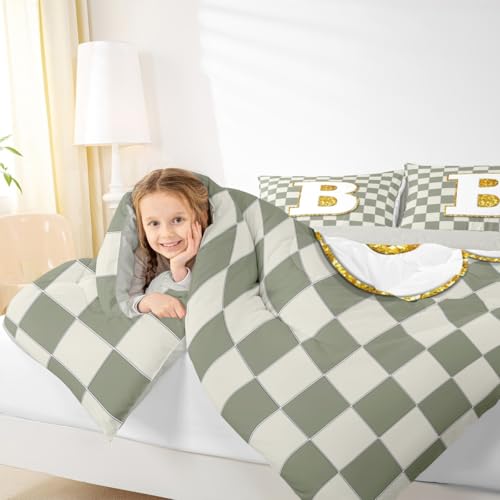 Image of Erosebridal Sage Green Checkered Bedding Set Twin Plaid Initial B Comforter Set for Kids Adults Personalized Monogram Down Comforter,Fashion Grids Gingham Quilt Duvet