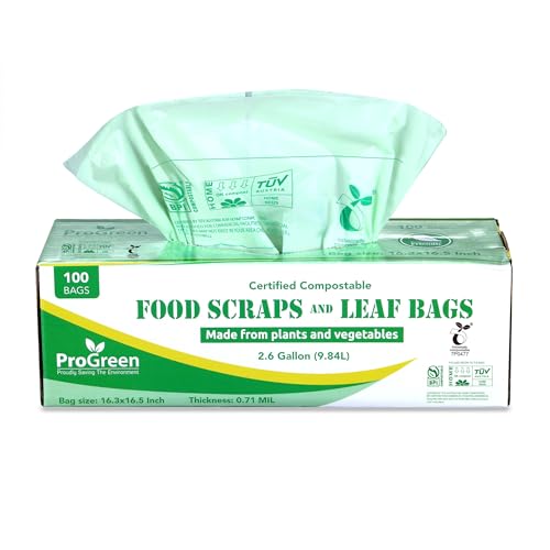 ProGreen Compostable Trash Bags 2.6 Gallon, 100 Count, Extra Thick 0.71 Mil, Small Compost Kitchen Bin Bags, Food Scraps Yard Waste Bags, Compost ASTM D6400 BPI and TÜV AUSTRIA Certified.