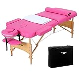 Uenjoy Massage Table 84'' Professional Folding Massage Bed Deluxe Model with Extra Width, Ultra-thick Sponge, PU Leather Surface & Additional Accessories, 2 Fold, Pink