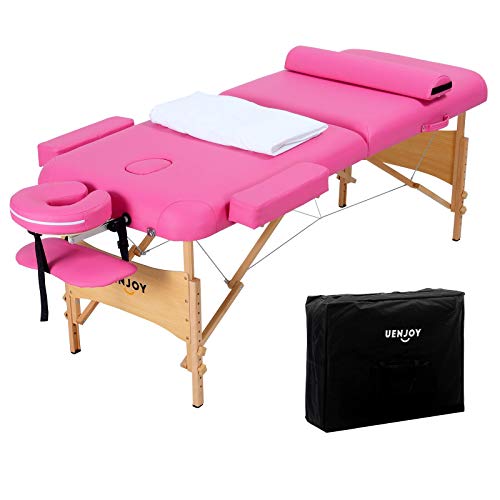Birsppy Uenjoy Massage Table 84'' Professional Folding Massage Bed Deluxe Model with Extra Width, Ultra-Thick Sponge, PU Leather Surface & Additional Accessories, 2 Fold, Pink