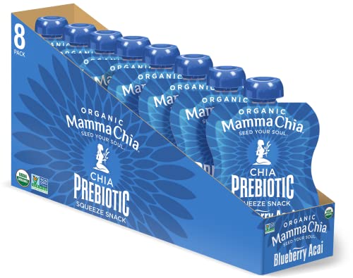 Mamma Chia Organic Prebiotic Squeeze Snack, Blueberry Acai, 16- 3.5 Ounce, Fiber-Rich Prebiotic Gut Support, USDA Organic, Non-GMO, Vegan, Gluten Free
