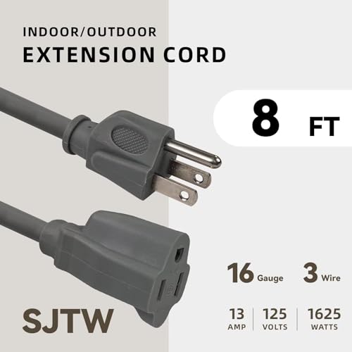 Image of 8ft Outdoor Extension Cord for Christmas Decorations- 16 /3 Heavy Duty SJTW Waterproof Gray Electrical Cable with 3 Prong Grounded Plug for Safety, Great for Lawn and Major Appliances