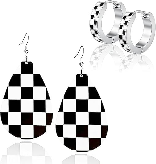 Boucles d'oreilles pendantes larme damier noir et blanc pour sublimer vos tenues de soirée