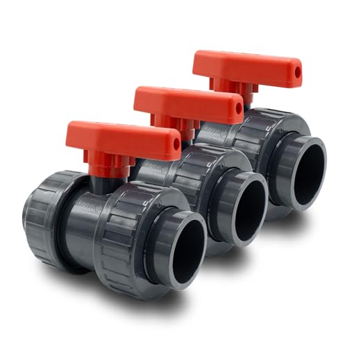 Baumaxxe 3x PVC Kugelhahn 50mm I Absperrhahn 1 1/2 Zoll 2-Wege mit 2x Klebemuffe und Verschraubung radial ausbaubar I Für Poolverrohrung Teich Aquaristik Entwässerung Bewässerung I bm116