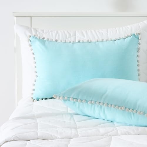Image of 100% Cotton Pom Pom Cushion Without Filler, Elegant & Modern Cushion Cover for Living Room, Rectangle, 12 inchx20 inch, uni Chambray, Set of 4 - Baby Blue