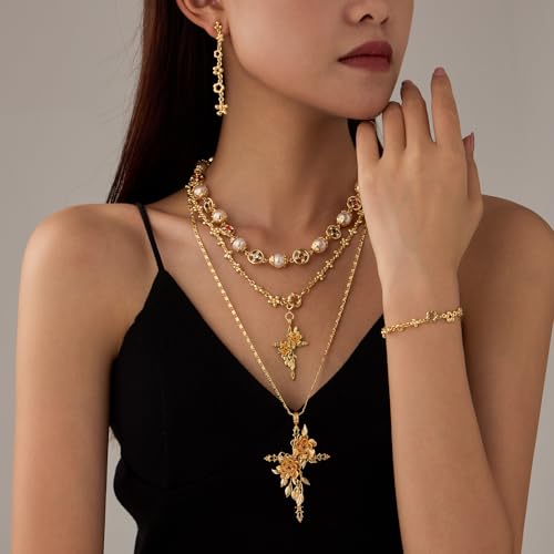 GZQ 18K Gold Plated Flower Cross Necklace for Women Unique Floral with Detailed Filigree Design Lightweight Prayer Religious Jewelry(N3-1) — view 5