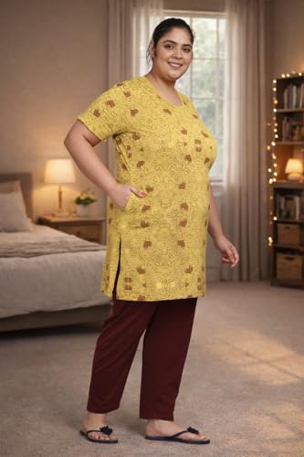 Image of RYSH Women's All-Over Printed Cotton Plus Size Longline T-Shirt with Pockets