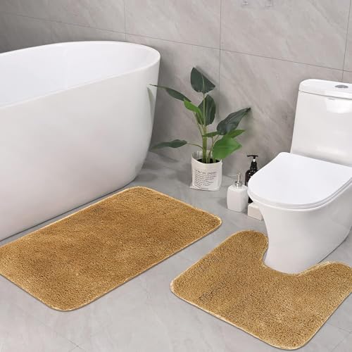 Image of Pano Anti Slip Bathmat Set with Contour | Washable, Non-Slip & Quick-Drying Mats for Home /Kitchen /Office | Soft & Super Absorbent Mats for Shower (Beige, 50x75 cm & 50x50 cm) Sophia