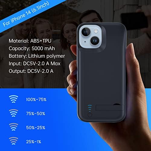 Battery Case for iPhone 14, 5000mAh External Backup Battery Charger Case for iPhone 14 5G 6.1" Extended Portable Rechargeable Power Bank Charging Case Support Kickstand,Black