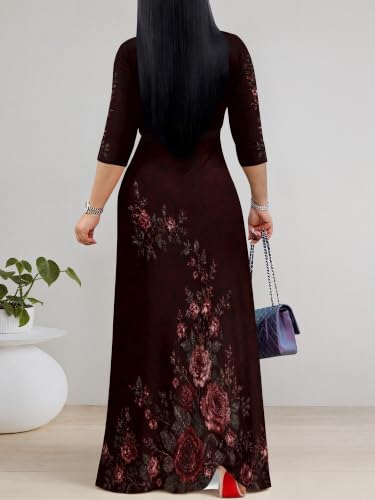 Image of Maxi Dress for Women with Sleeves, Empire Waist Dress | A-line shape, self-tie belt, side pockets and pull-on design; stretch fabric for church, work and casual wear