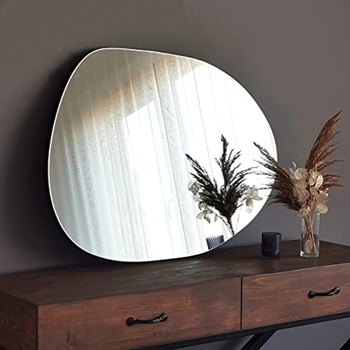 Gozos Denia Asymmetrical Mirror for Wall Decor Irregular Shaped Mirror for Living Room and More Mounting Material Included Modern Decorative Mirror with Wooden Base - 75 x 55 x 2.2 cm