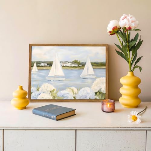 Framed Vintage Hydrangea Floral Wall Art, Blue Coastal Sailboat Pictures Wall Decor, Summer Nautical Landscape Paintings Canvas Prints Artwork for Home Living Room Bedroom 16x24 inch by GDUSART - Used condition - Image 4