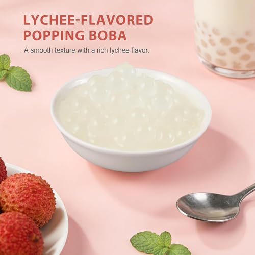 Soeos Lychee Popping Boba Pearls, 1.2 lbs(550g), Bursting Boba Pearls for Bubble Tea, Beverages, Shakes, Desserts, Smoothie and Ice Cream Topping, Ready-to-Eat