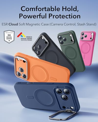 Image of ESR Silicone Case for iPhone 17 Pro, Built-in Camera Stash Stand Compatible with MagSafe, Military-Grade Drop Protection Magnetic Phone Case for iPhone 17 Pro, Cloud Series, Navy Blue