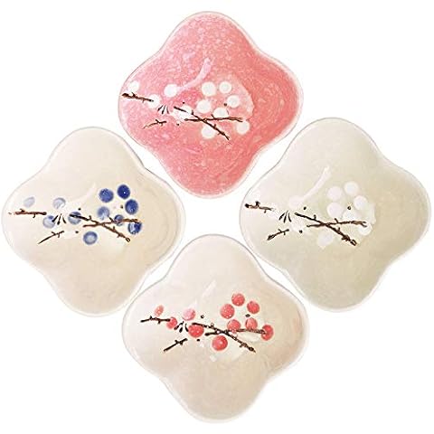 VanEnjoy Ceramic Japanese Dipping Bowl Soy Sauce Seasoning Dishes Soy Dipping Sauce Dishes set of 4, Floral pattern with Flower shape (leaves) (flower) Cover