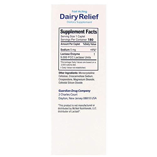 guardian Dairy Relief Fast Acting Lactase, 180 Caplets, 9000 FCC Maximum Strength, Lactose Intolerance Pills, Lactase Enzyme (180 CT) - Thumbnail 6
