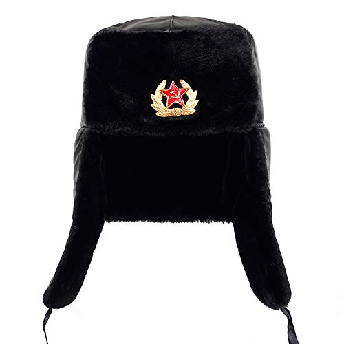 Soviet Army Military Badge Russia Bomber Hats Pilot Trapper Trooper Hat Winter Faux Fur Ear Flaps Men Snow Caps #TOP6