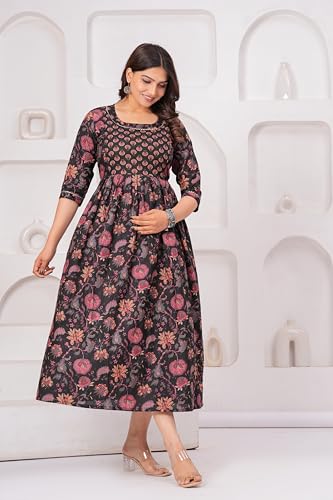 Image of The Moon Star Women's Cotton Floral Printed Anarkali Maternity Feeding Kurti | Breastfeeding Dress for Mothers | Zipper Feeding Kurti, Nursing Kurti, Comfortable and Trendy Maternity Wear