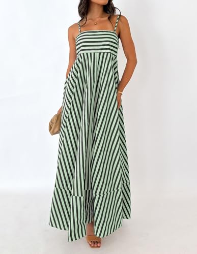 Image of Women Striped Maxi Dress Smocked Backless Spaghetti Strap Long Flowy Dress Sleeveless Boho Aline Sundress