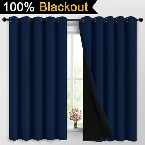 Image of Yakamok Navy Blue 100% Blackout Curtains 63 Inches Long 62 inch Wide, 2 Panels | Blackout Curtain Panels for Bedroom, 2 Thick Layers Grommet Top Thermal Insulated Drapes with Black Liner for Living Room