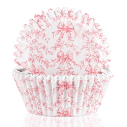 Pink Bow Cupcake Liners 300 Pcs Coquette Bow Floral Cupcake Wrappers Baking Cups Baking Standard Liners Holders for Baby Shower Wedding Bachelorette Bridal Showers Birthday Party Decoration