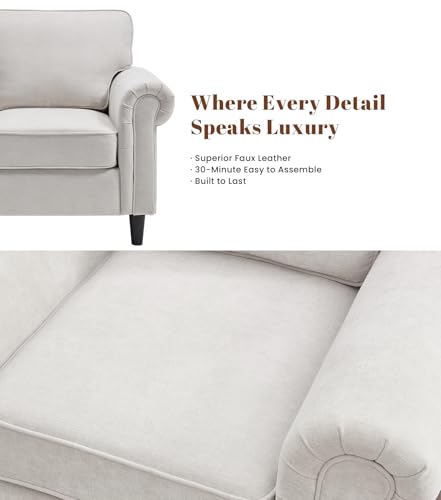 Image of Kingfun Loveseat 2&3 Seater Couch with Chair, Mid Century Modern Chenille Sofa Set with Rolled Arms and Deep Seats, Fluffy Comfort for Living Room, Apartment, Easy Assembly, Beige