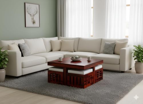 Image of Loonart Solid Sheesham Wood Coffee Table with Four Cushioned Stools | Idel for Living Room | Cafe | Restaurant | Space Saving Indoor Table Set | Finish Color - Mahogany Finish | Off White Cushion |