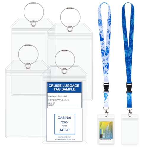 Lot de 6 Étiquettes de Bagage pour Croisière, 4 Protège-Étiquettes Étanche avec Œillet Métallique & Câble en Acier 1,5mm + 2 Cordons Tour de Cou Design Marin, Compatible avec MSC, Costa, TUI, AIDA