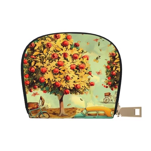 car Under Fruit Trees Printed Card Wallet for Women Men Cute Zipper Card Cases Holder Mini Coin Purse with 12 Card Slots
