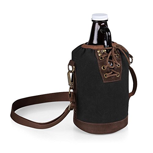 LEGACY - a Picnic Time brand Canvas Lace-up Insulated Growler Tote, Black with Brown Accents