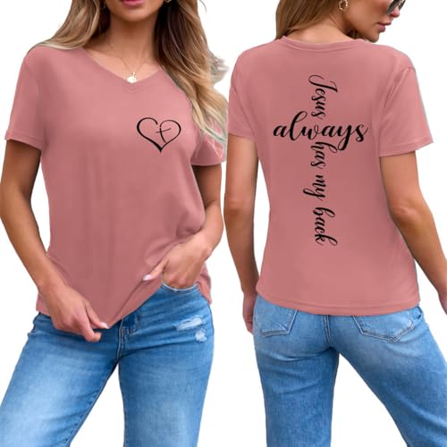 Image of Jesus Christian Shirts Womens Jesus Always Has My Back Tshirt Religious Faith T-Shirt V Neck Inspirational Funny Top
