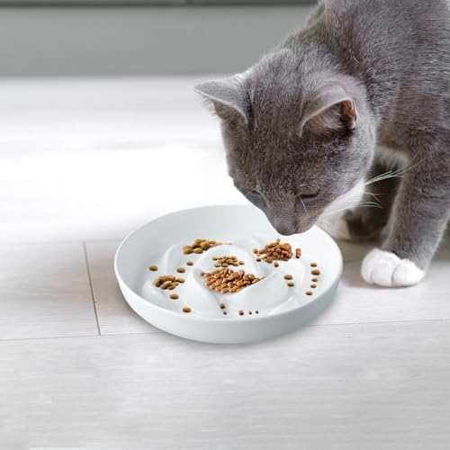 Amexo Anti Schling Napf Katze,16x16cm Interaktiver Pet Fressnapf, Katzen Näpfe Langsam Fütterung mit Hohen Rändern, Reduziert Verschlucken und Überessen Slow Feeder für Katzen und kleine Hunde, Weiß