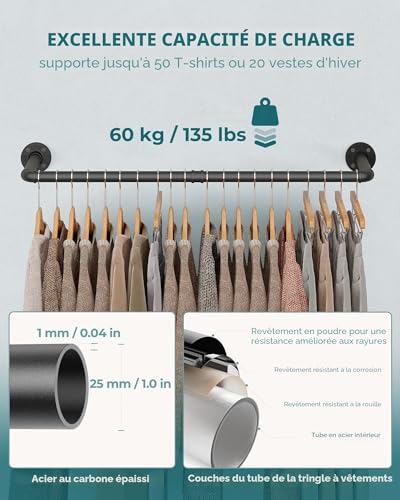 OROPY Portant à Vêtements Industriel, Tringle à Vêtements Murale, Barre de Tuyau de Rail de Suspension Murale pour Chambre à Coucher en Métal Noir (Noir, Paquet de 2) – vue 4