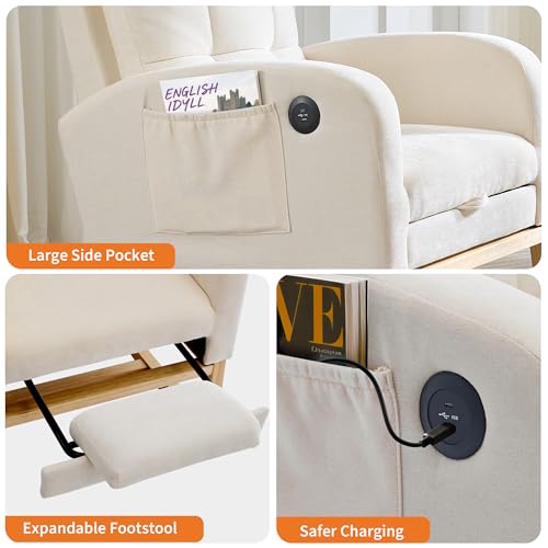 Garvee Modern Nursery Rocking Chair, Comfortable Glider Rocker Chair with Side Pocket & USB Port and Footrest, High Backrest Rocker Recliner for Nursing Room, Living Room, Bedroom, Linen(Beige) by Garvee - Used condition - Image 5