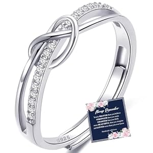 RANKEEF Sterling Silver Rings for Women Forever Linked Adjustable Rings Cubic Zirconia Love Knot Promise Rings Thumb Rings for Women Gift for Women Ladies Girls with Inspirational Card
