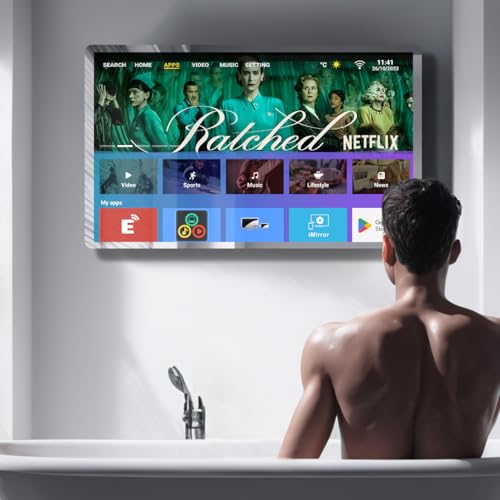 Leotachi 32-Zoll High-End-Smart-Badezimmerspiegel-TV - 4K Ultra HD, IP66 wasserdicht, Android TV, Sprachfernbedienung, integrierter ATSC-Tuner, HDMI (ARC), SPDIF, Upgrade für Ihr Badezimmer (Silber)