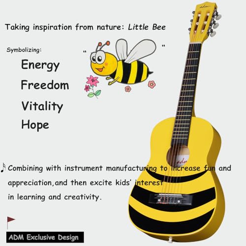 ADM Guitare de concert junior 1/4 pour débutant avec accordeur à clip, étui, sangle, cordes et médiators supplémentaires, abeille jaune - Les Beatles, Paul McCartney, John Lennon, RIngo Starr, George Harrison ADM Guitare de concert junior 1/4 pour débutant avec accordeur à clip, étui, sangle, cordes et médiators supplémentaires, abeille jaune – Image 5